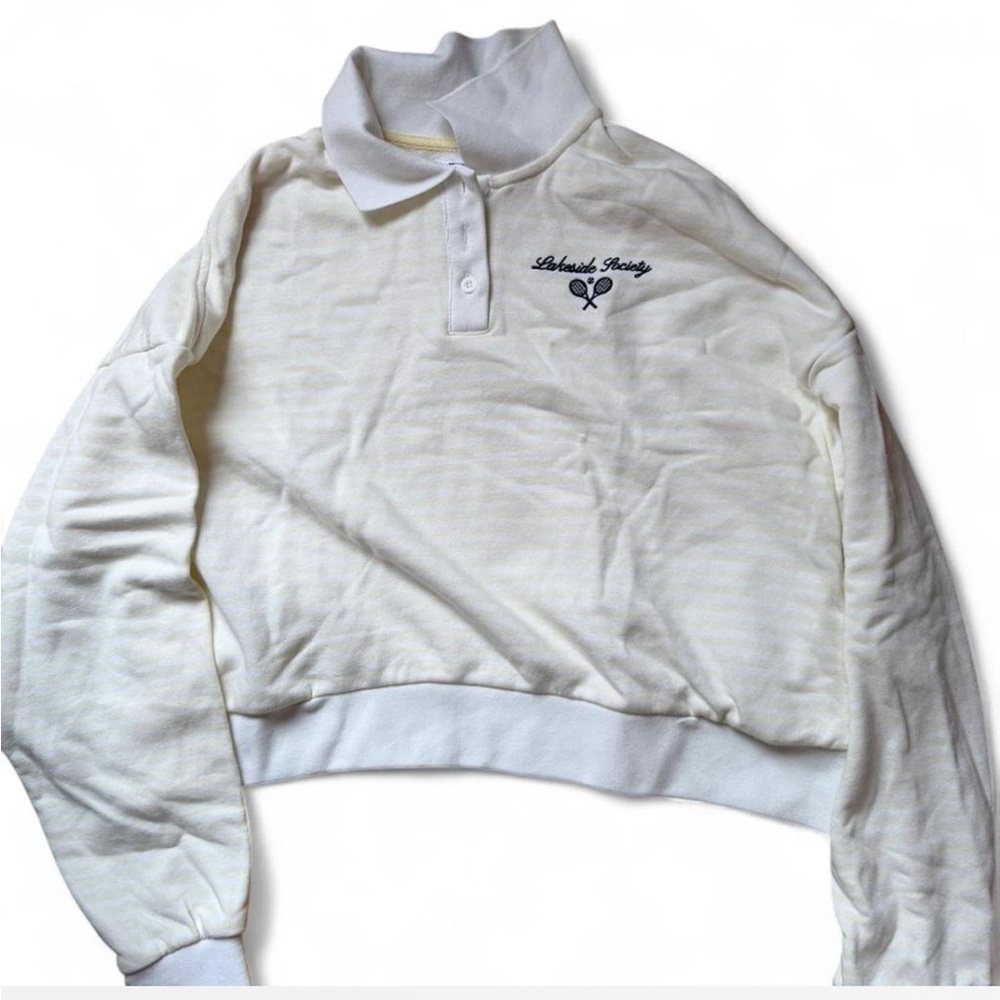 Cotton On Cream Collared Polo Sweatshirt with Tennis Embroidery